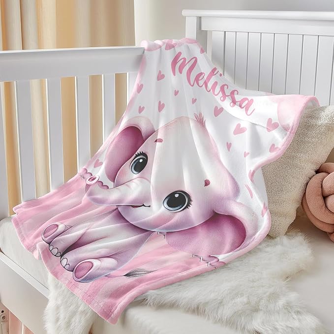 Personalized Baby Blanket for Girls, Custom Baby Blanket with Name, Soft Cozy Personalized Name Blankets for Kids, Customized Elephant Blankets for Infant Toddler Birthday Christmas