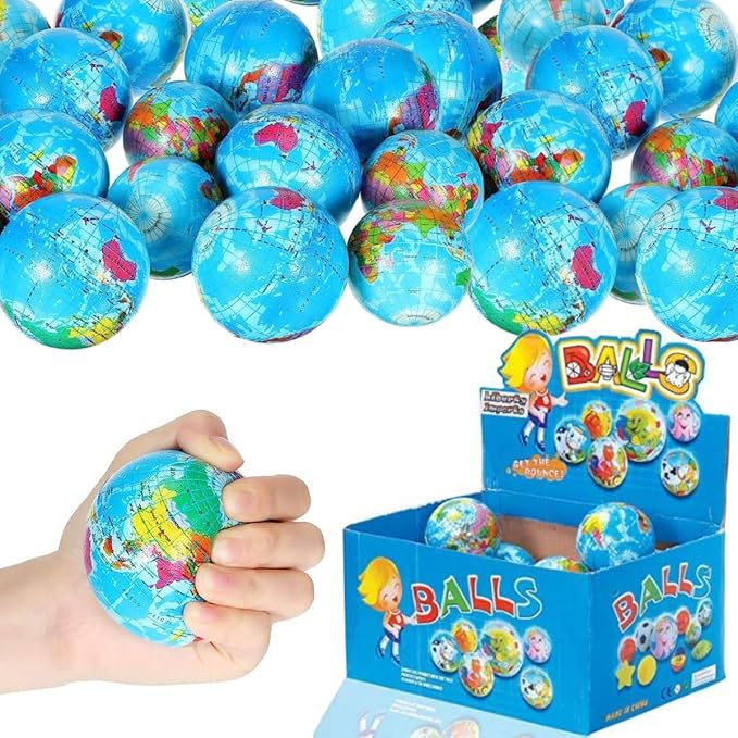 24 Pack - Globe Mini Soft Foam Earth Squeeze Balls, 2.5" Squeezable World Toy Stress Relief Bulk Educational Novelties for Kids, School, Classroom, Party Favors, Rewards