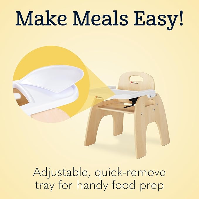 Foundations Easy Serve Low Wood Feeding Chairs Multipack, Adjustable Harness, Removable Dishwasher Safe Tray, No-Tip Base, Stackable Toddler Chairs, 2 Pack (13 inch)