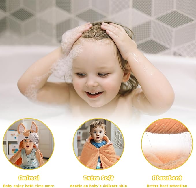 Hooded Baby Towels, 2-Pack Thick Absorbent Large 50"x 32" Baby Towels with Hood Aniaml for Children,Shower,Beach, Green & Orange Set