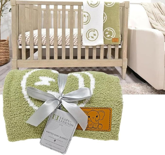 Smiley Face with Lightning Bolt Eyes Baby Blanket 28"x40" - DreamSoft Throw for Crib, Stroller or Car Seat -Receiving Blanket/Newborn Nursery Gift Toddler, Infant, Kids Boys & Girls (Sage Green/White)