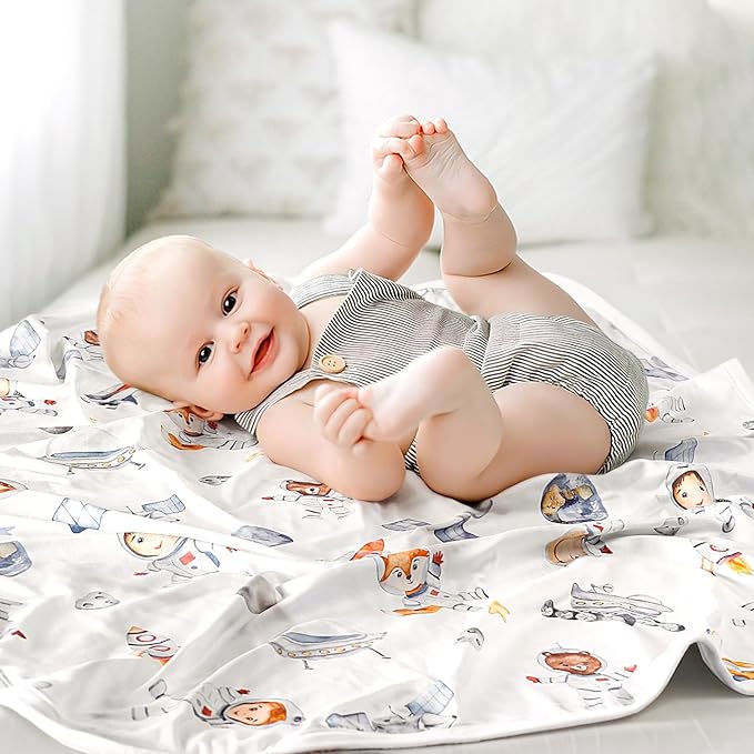 GRSSDER Baby Swaddle Blankets 2 Pack, Super Soft Jersey Knit Baby Quilt Blanket for Baby Boys, Double Layer Receiving Blankets 34 x 44 Inches Extra Large for Swaddling, Sea Fish & Space