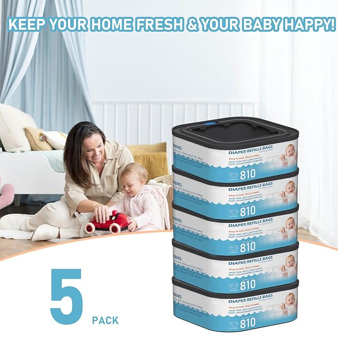 Jumbo Square Refills Disposal Bags Refill Compatible with Diaper Genie Compact and Select Pails (Not Fit Classic Version Pails), Hold Up to 810 Newborn-Sized Diapers Per Refill, Pack of 5