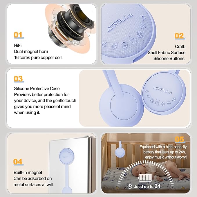 White Noise Sound Machine for Sleeping Adults & Baby, Portable Noise Machine with 24 Soothing Sounds, Bluetooth 5.1, Battery Powered, 3 Timer Settings, Memory Function for Home, Office, Travel(Purple)