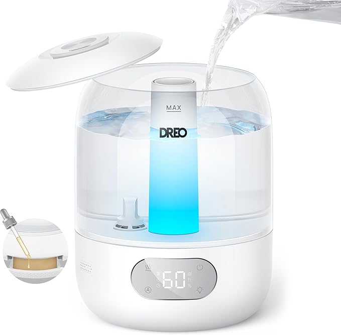 Dreo Cool Mist Humidifiers for Baby, 3L Top Fill, 26dB Quite, Ambient Indicator Light for Nursery, Less Refill, Indoor, Adjustable Nozzle, New Edition