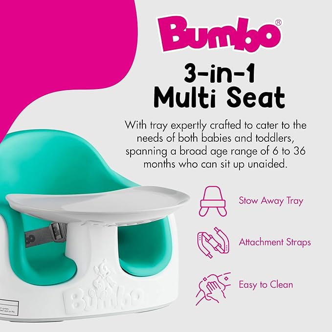 Bumbo 2 Pack 3-in-1 Multi-Seat for 6 to 36 Months, Travel Baby Feeding and Play Floor Seat, All-in-One Portable Booster with Tray & Toddler High Chair, Aqua