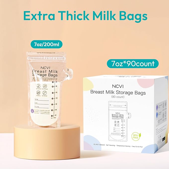NCVI Breastmilk Storage Bags, 90 Count Milk Storage Bags for Breastfeeding, 7oz Breast Milk Storage Bags with Temp-Sensing, Doubled-Sealed, Hygienically, Self Standing, Easy Pour Spout, BPA Free
