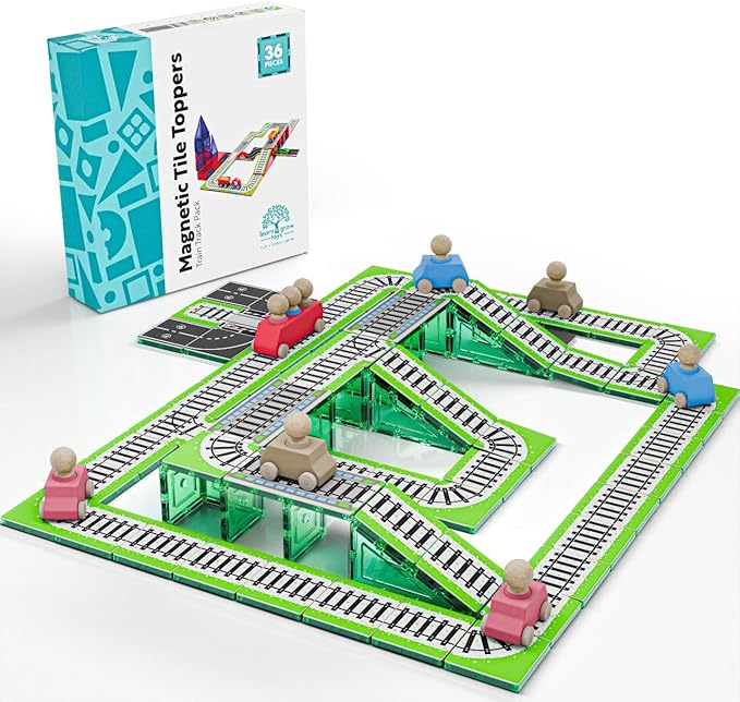 Learn & Grow Magnetic Tiles Train Track Road Toppers Set - 40PCs Road Expansion Pack (Tiles not included), Magnet Car Play Accessories, STEM Building Toy - Construction Toys for Toddlers & Kids Age 3+