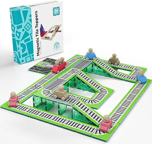 Learn & Grow Magnetic Tiles Train Track Road Toppers Set - 40PCs Road Expansion Pack (Tiles not included), Magnet Car Play Accessories, STEM Building Toy - Construction Toys for Toddlers & Kids Age 3+