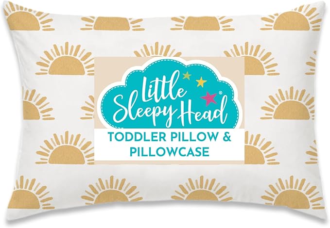 Little Sleepy Head Toddler Pillow with Pillowcase 13x18 - Kids Pillow for Sleeping - Better Neck Support Ergonomic Pillow and Toddler Pillowcase - Best Pillows for Kids (Sunshines)