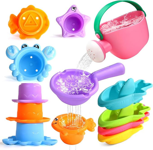 Fajiabao Baby Bath Toys for Kids Ages 1-3 Toddler Bath Toys Mold Free for 12+ Months Bathtub Beach Sand Pool Water Table Toys for 1 2 3 4 5 6 Years Old Boys Christmas Birthday Gifts (9 PCS)