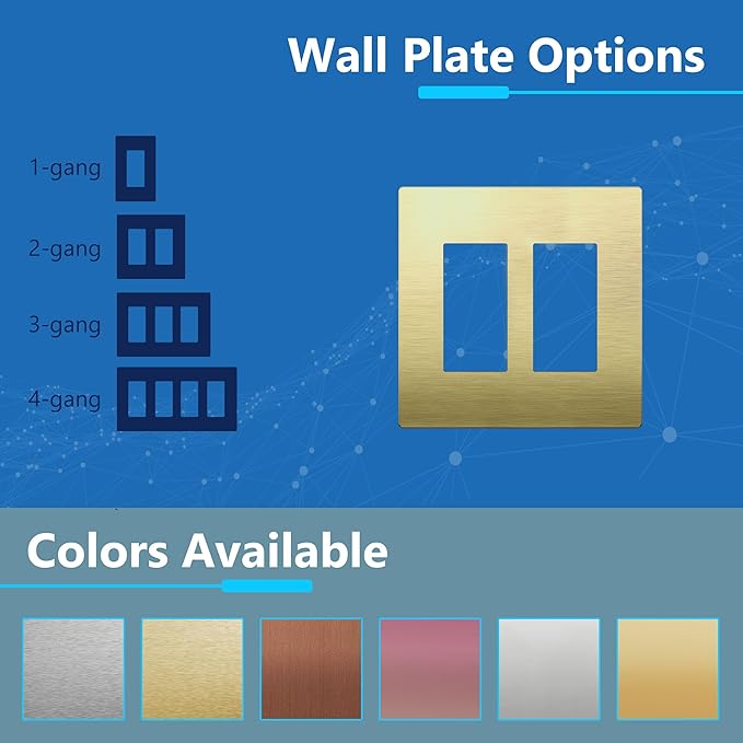 LIDER Double Decorator Metal Wall Plate, Temperature and Impact Resistant, 201 Stainless Steel, Screwless Cover, Modern Upgrade, Mid-Size 2-Gang 4.88” x 4.92”, Brushed Brass, LSMWP-32M-BB