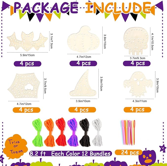 Lacing Cards, 24 Pcs Sewing Cards, Yarn & Needles, Halloween Sewing Crafts for Boys Girls, Fine Motor Skills Threading Crafts for Halloween Party Favors Classroom Activities Art Project Supplies