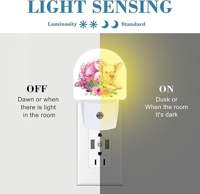 Watercolor Cute Flower Pig Night Light for Kids, LED Night Light Plug into Wall with Dusk to Dawn Sensor for Girls Boys Women Men Room Decor, Hallway, Kitchen, Bathroom, Nursery, Stairs