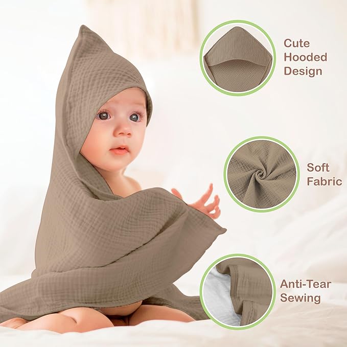Organic Cotton Muslin Baby Hooded Towels - 32x32 Inch, 2 Pack Newborn Bath Towels for Boys & Girls, Soft & Absorbent Bath Set (Olive/Ivory)