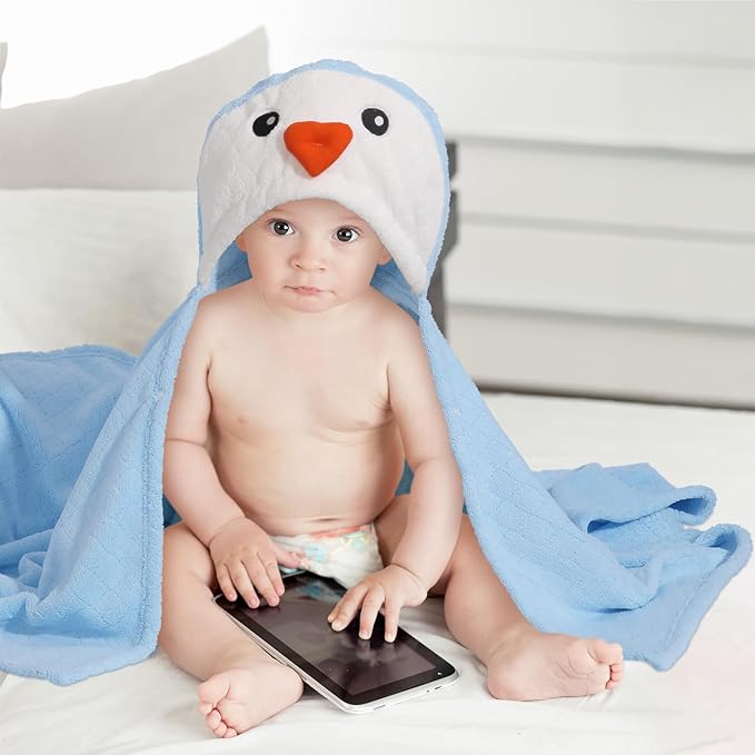 Baby Towels with Hood for 1-6, 2-Pack Toddler Bath Towel with Animal Face Soft Absorbent,Premium Coral Fleece Ultra Absorbent Thick Shower Gift for Kids Infant,White Cow &Blue Penguin Set