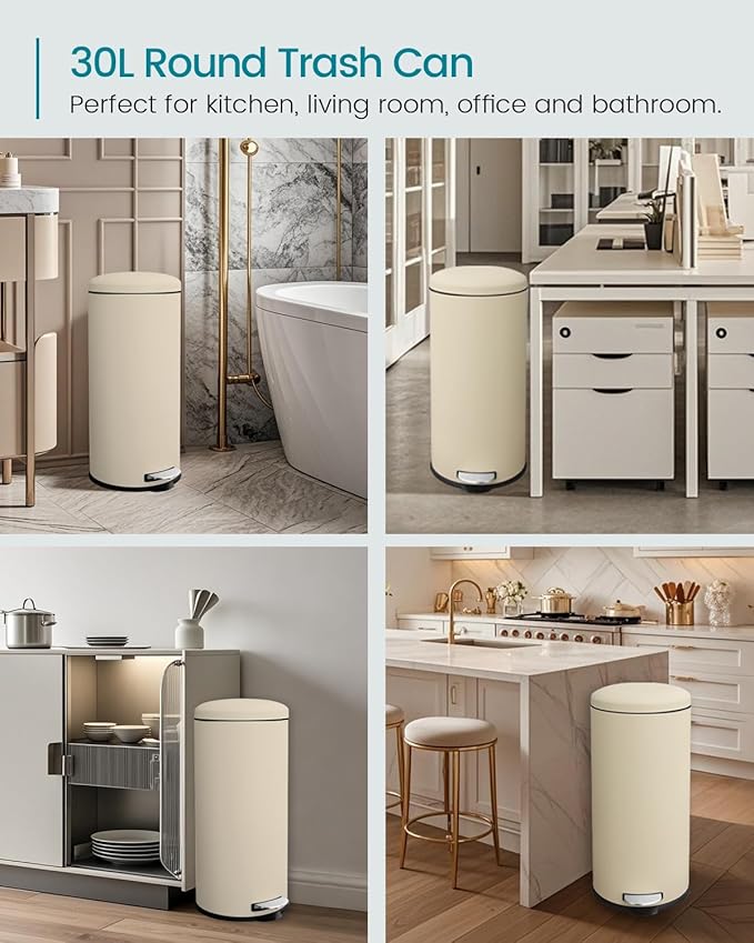 8 Gallon Trash Can, Stainless Steel Round Trash Can with Lid, Removal Inner Liner, Soft Close, Step on Pedal Trash bin for Kitchen, Office, Living Room or Bathroom, Cream