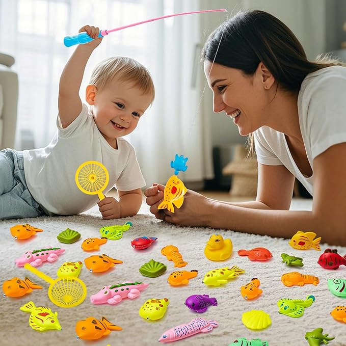 62Pcs Magnetic Fishing Game for Kids, Bathtub Kiddie Party Toy, Plastic Floating Fish with Pole Rod Net, Bath Toys for Kids Ages 4-8