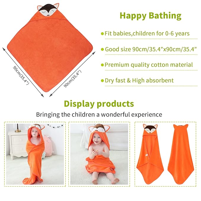 MICHLEY Animal Hooded Baby Towel Washcloth, Toddler Premium Cotton Absorbent Bathrobe for Girls Boys 0-6T (Fox)