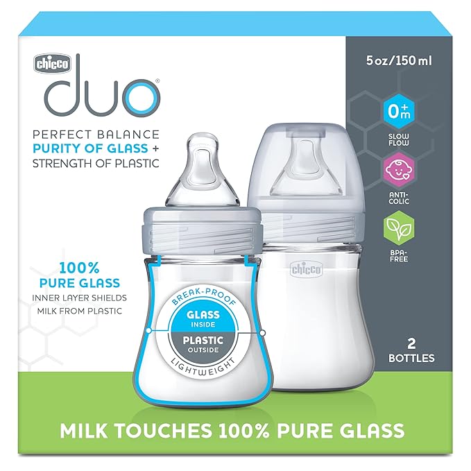 Chicco Duo 5oz. Hybrid Baby Bottle with Invinci-Glass Inside and Plastic Outside | Dishwasher, Bottle Warmer, and Electric Sterilizer Safe | Intui-Latch Nipple | Clear/Grey, 2pk