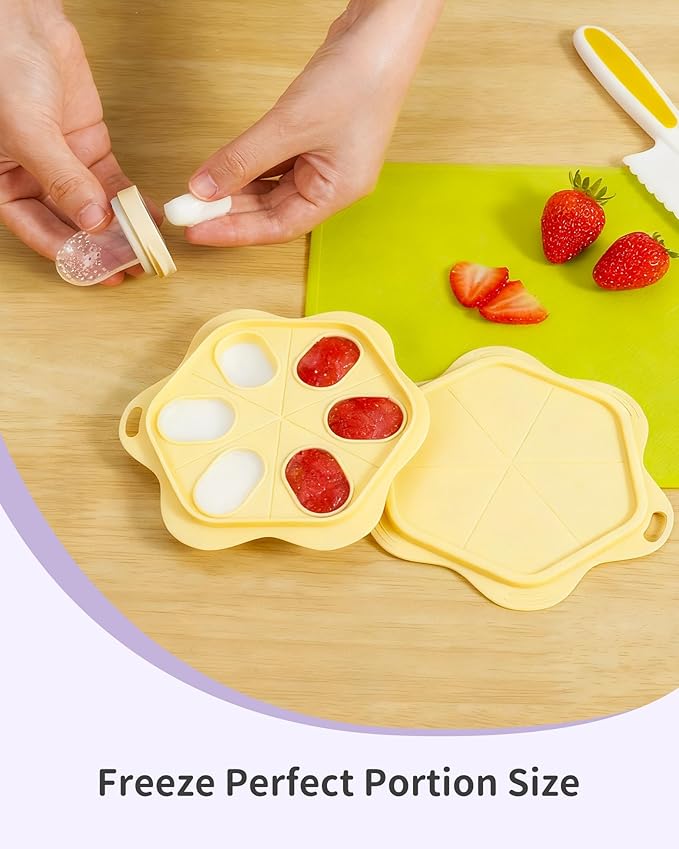 Silicone Baby Fruit Food Feeder (2 Pack) with Freezer Nibble Tray, Breastmilk Popsicle Molds for Baby Teething Relief, Feeder for Safe Infant Self Feeding, BPA Free, Dishwasher Safe (Yellow)