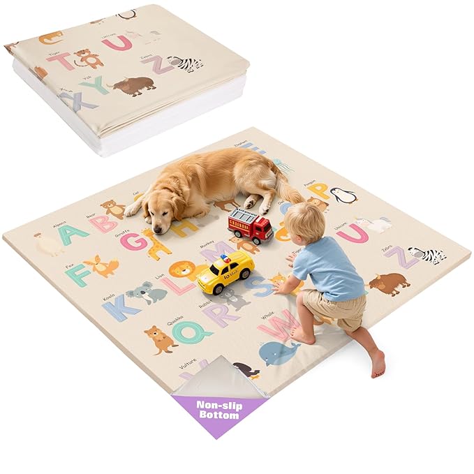 59x59Inch Baby Mat for Floor,1.2Inch Thick Foam Crawling Mat for Babies,Waterproof Floor Cushioned,Kids Playroom Playmat,Wipeable Washable Vegan Leather Padded Memory Foam Playmat for Infant