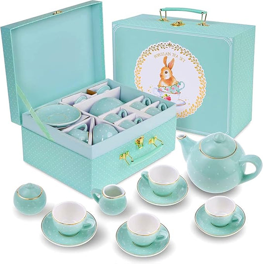 Jewelkeeper 13 Piece Toddler Porcelain Tea Party Set - Exquisite Tea Cup Set for Kids - Includes Sugar Bowl, Creamer, Saucers in a Carrying Case - Turqouise Polka Dot