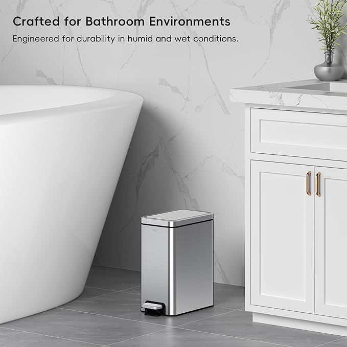 EKO Small Bathroom Trash Can with Lid Soft Close, Step Pedal, 6 Liter / 1.6 Gallon Stainless Steel Garbage Can with Removable Inner Bucket, Anti-Fingerprint Finish (Silver)