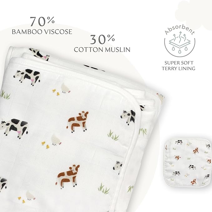 Bamboo Viscose Baby Hooded Towel & Washcloth Set for Babies and Toddlers, Soft & Absorbent, 70% Viscose from Bamboo, 30% Cotton Muslin - Imported (Cow)