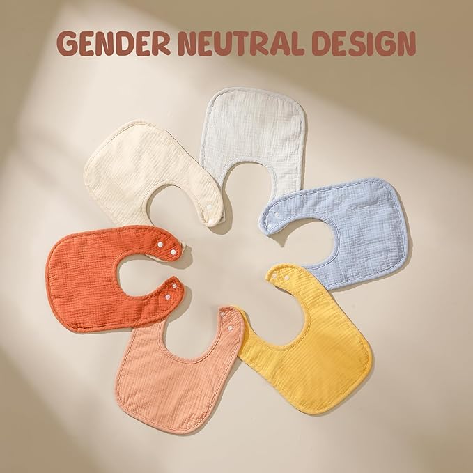 6-Pack Muslin Baby Bibs for Unisex Boys Girls, Cotton Baby Drool Bibs, Drooling and Teething Bibs for Infant