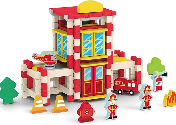 157PCS Wooden Building Blocks Set for Toddlers, Construction City Stacking Toys, Preschool Learning Educational Toys for Kids 3+ Years Girls and Boys (Fire Station)