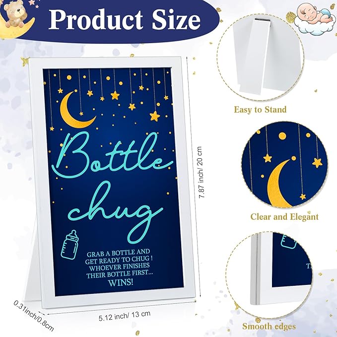 Roowest Bottle Chug Baby Shower Game Favors Including Moon Star Theme Wooden Sign and 18 Pcs Baby Bottles for Gender Reveal Party Supplies