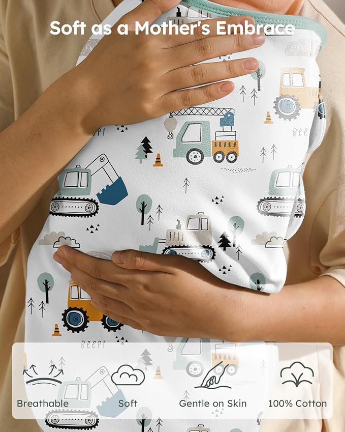 Baby Swaddles for Newborns with Zipper, 100% Cotton Newborn Swaddle Sack, 3 Pack Baby Swaddles 0-3 Months Swaddle Sleep Sack for Newborn Baby Boy Girl Green Excavator