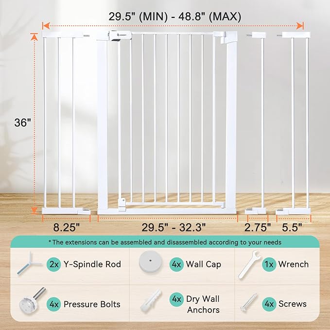 COMOMY 36" Extra Tall Baby Gate for Stairs Doorways, Fits Openings 29.5" to 48.8" Wide, Auto Close Extra Wide Dog Gate for House, Pressure Mounted Easy Walk Through Pet Gate with Door, White