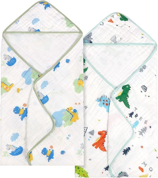Baby Bath Towels 100% Muslin Cotton Hooded Baby Towels 2 Pack Shower Gifts for Newborn, Infant, Toddler, Kids,Super Soft and Absorbent, Large 35x35Inches
