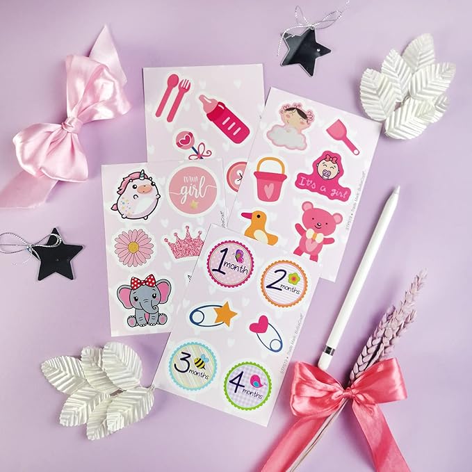 BulbaCraft Baby Girl Stickers, 100Pcs Multicolor Vinyl Decals, Waterproof, Reusable, Multipurpose for Scrapbooking and Party Decor, Newborn, Baby Shower Favors for Girls, Baby Girl Month Stickers