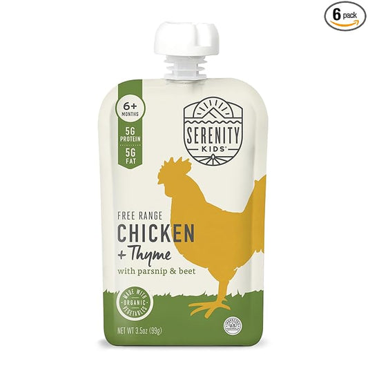 Serenity Kids 6+ Months Baby Food Pouches Chicken & Thyme Puree - BPA-Free Baby Food Puree -Range Chicken & Organic Parsnip & Beet Veggies - 3.5 Oz, 6 Pack