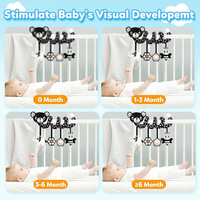Baby Carseat Toy Black & White Rattle Spiral Hanging Activity Stroller Toy for Newborns Boys and Girls - Bear