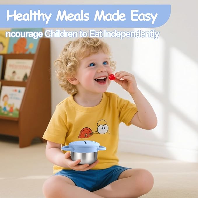 Mity rain 2-Pack Stainless Steel Snack Containers for Kids with Spill-Proof Silicone Lids & Handles - 3-in-1 Baby Snack Cups, No-Spill Toddler Snack Box, Perfect for On-the-Go Healthy Eating