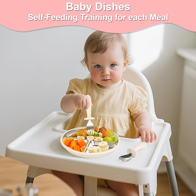 Bella’s Friends Baby Feeding Set, 2 Pack Stainless Steel Divided Plate with Silicone Suction, 2 Set Spoons and Forks, BPA Free, Dishwasher Safe, Baby Led Weaning Supplies, Toddler Utensils,beige green