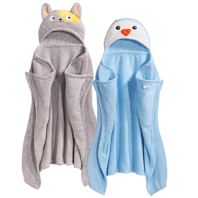 Baby Towels with Hood 0-5 Years, 2 Pack Coral Fleece Large Size 50 in*32 in Toddler Bath Towel, Ultra Absorbent Thick Soft for for Baby Kids Chirdern, Blue&Grey Set