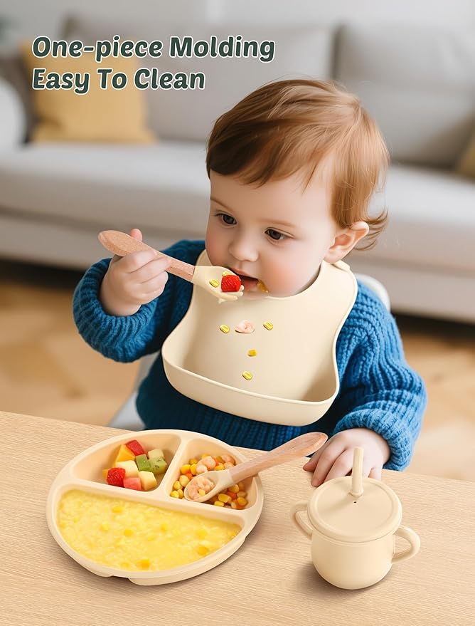 24 PCS Silicone Baby Feeding Set, Baby Led Weaning Supplies Includes Suction Bowls and Divided Plates, Adjustable Silicone Bib, Spoons&forks, Training cup with straw (Green+Blue+Beige)
