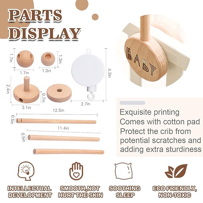 Baby Crib Mobile Arm Wooden Holder 30 inch Beech Hangers with Rotating Music Box Nursery Decor Attachment Safe Anti Slip Set