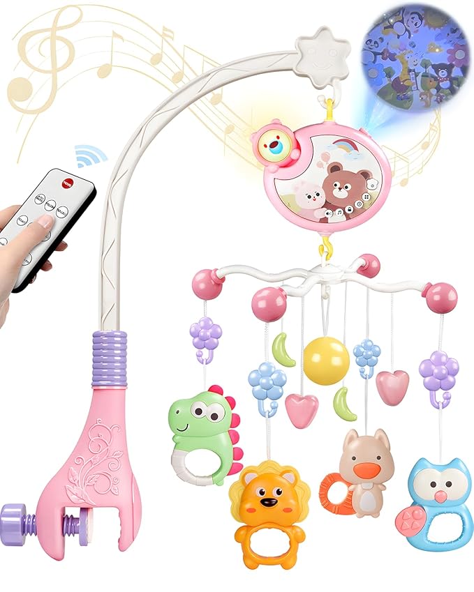 Crib Mobile With Music And Lights, Mobiles For Cribs, Baby Mobile Arm Toys Hanging For Bassinets Girls Boys, Nursery Musical Space Portable Infant Mobiles Clip On Pack And Play Hanger 0-6 Months