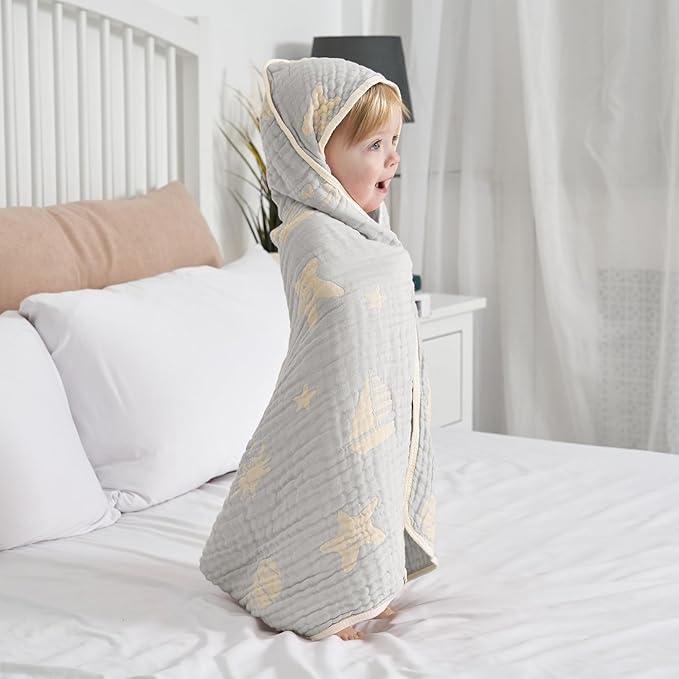 Ultra-Soft Muslin Baby Hooded Towel - 32 x 32 Inches, Ideal for Bath & Beach, Suitable for Both Boys & Girls from Newborns to Toddlers