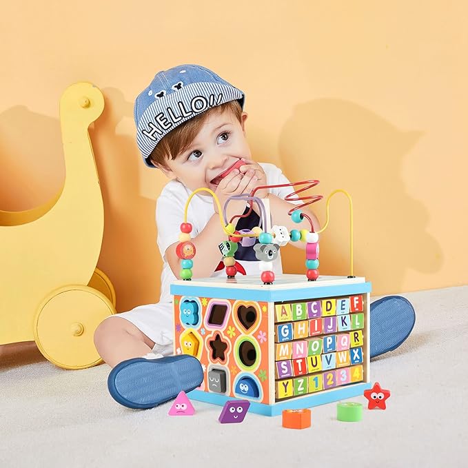 Qilay Wooden Activity Cube for Toddlers, 5 in 1 Multipurpose ABC-123 Abacus Early Educational Montessori Toys, Learning Toys for 3 Year Old | Bead Maze, Great for Boys Girls