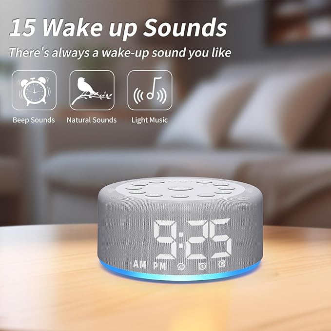 Upgraded 【3 in 1】 White Noise Sound Machine Alarm Clock Night Light with Double Alarms Backup Battery 30 Sleeping Sounds for Baby Kids Adults 32 Level Volume 5 Timers Memory Function 15 Wake Up Sounds