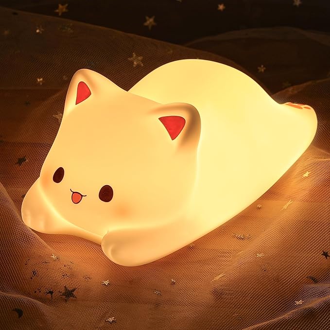 LOVERUIS Cute Night Light for Kids Cat Night-Light Baby Girl Squishy NightLight 1/3 Hour Timer Kitty Light Baby Dimmable Nursery Lamp Colorful Nightlight Gift for Kid Toddler Kawaii Bedroom (Kiki)
