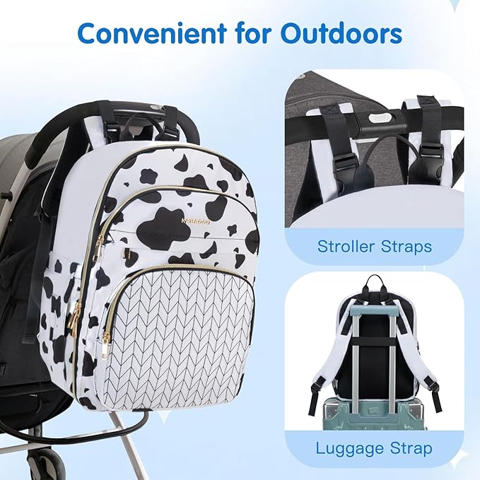 KABAQOO Baby Diaper Bag Backpack, Waterproof Diaper Backpack for Mom & Dad with Changing Pad, Insulated Pockets and Stroller Straps, Baby Shower Gifts for Girls & Boys, Cow