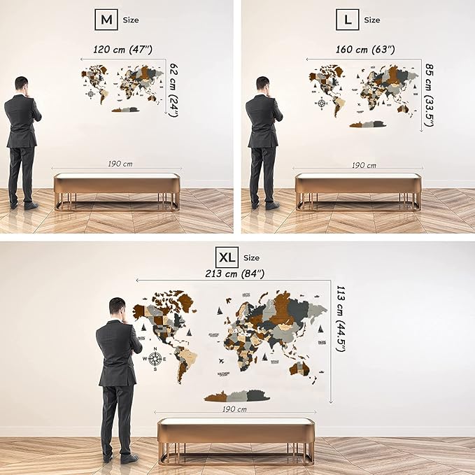 Wooden World Map 3D Art Large Wall Decor - Size (M, L, XL) Any Occasion Gift Idea - Wall Art For Home, Kitchen or Office (XL, SKY)